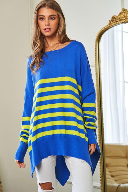 Striped Elbow Patch Oversized Sweater Top - Sweater