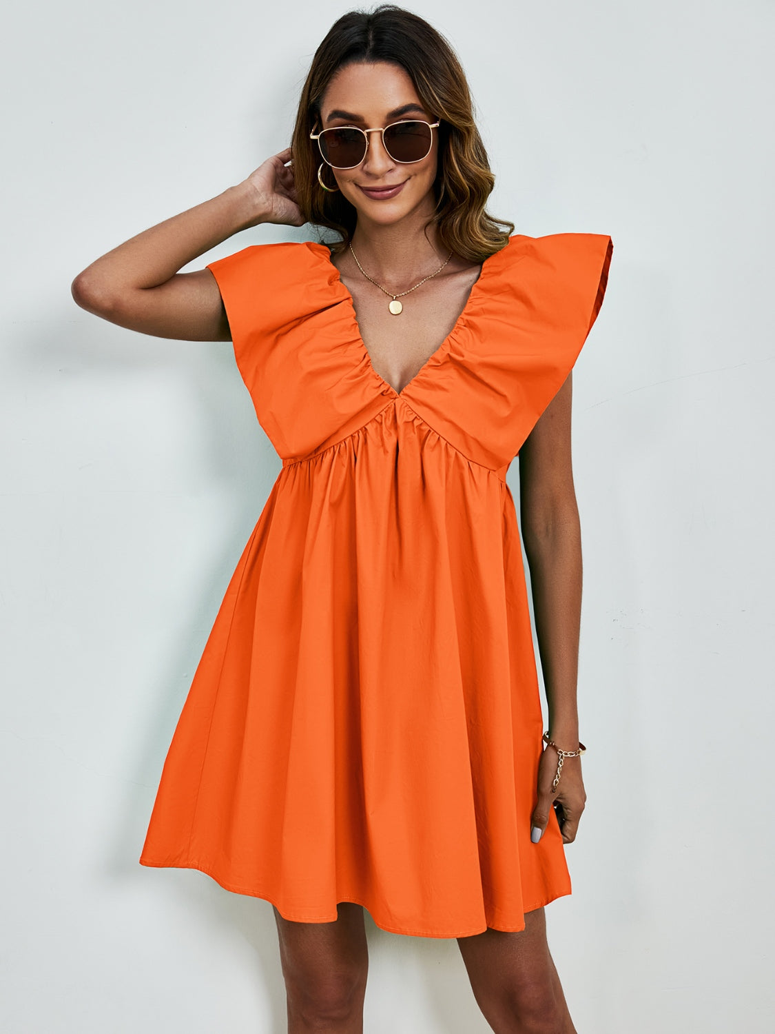 V-Neck Ruched Cap Sleeve Mini Dress