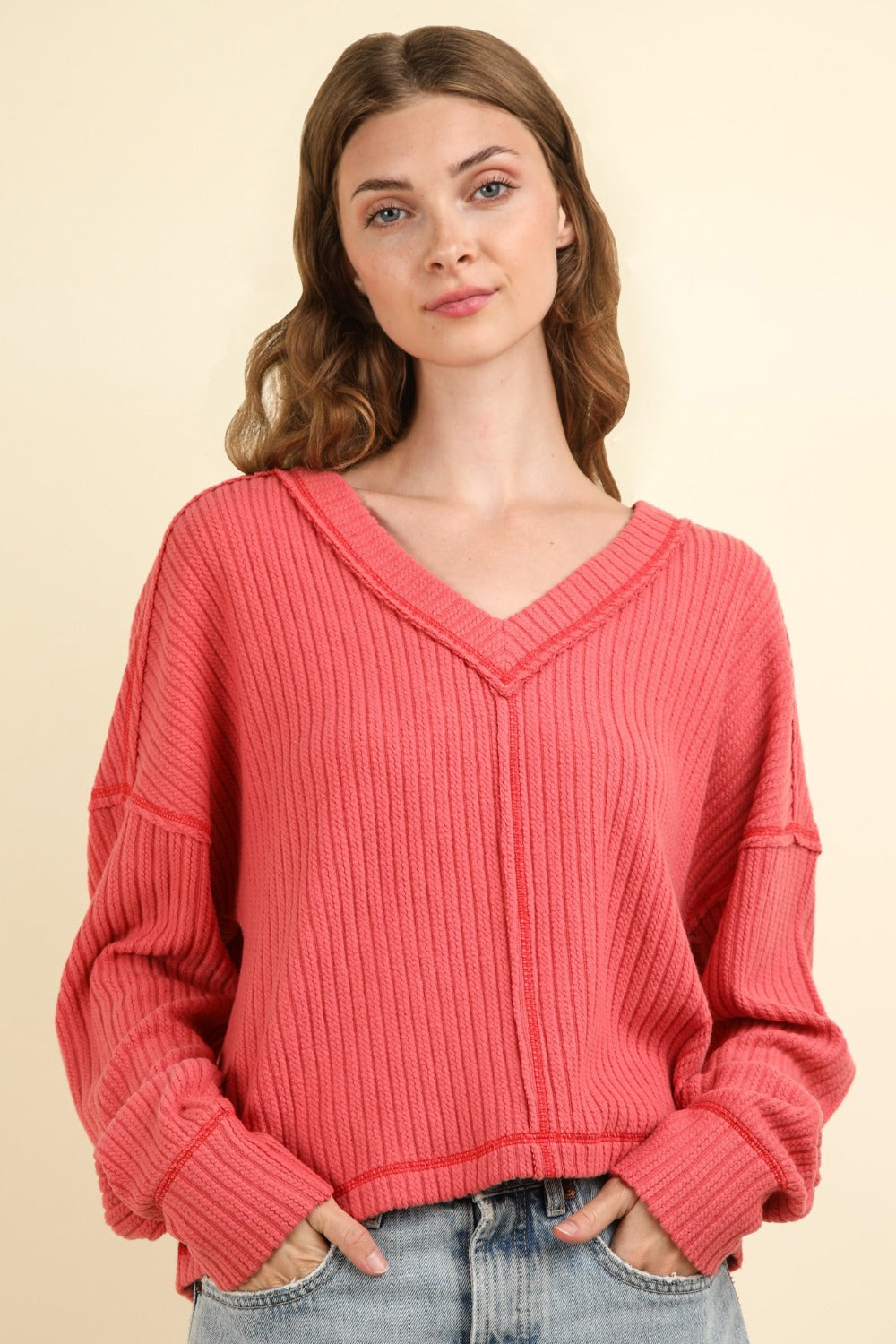 VERY J Exposed Seam V-Neck Ribbed Sweater