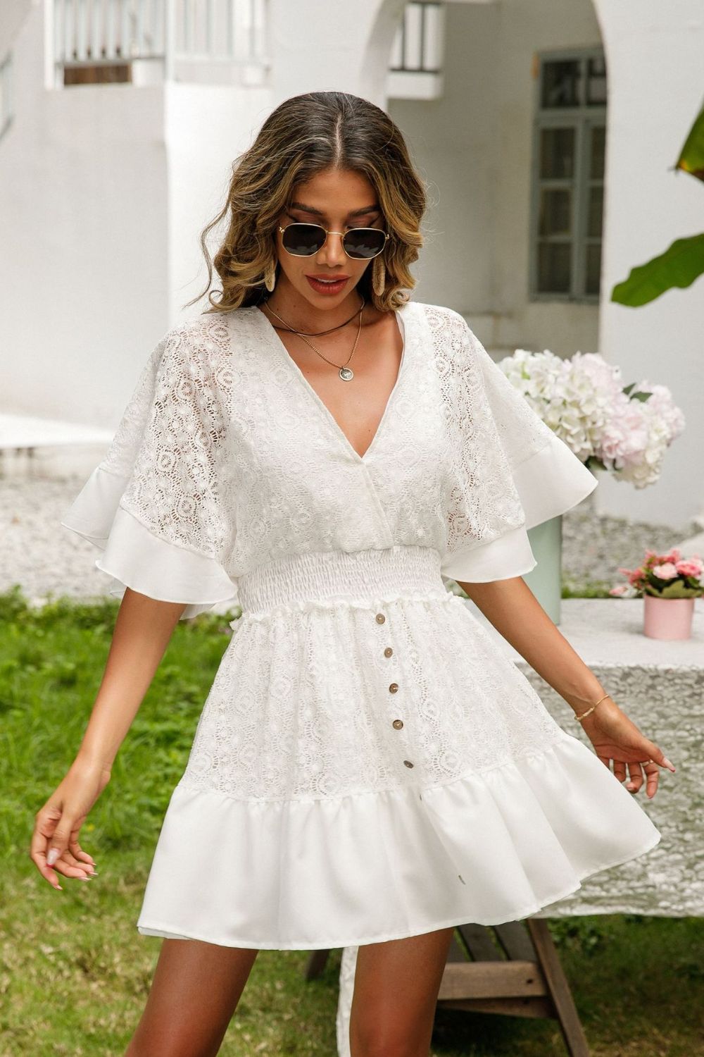 Lace Cutout Surplice Half Sleeve Mini Dress