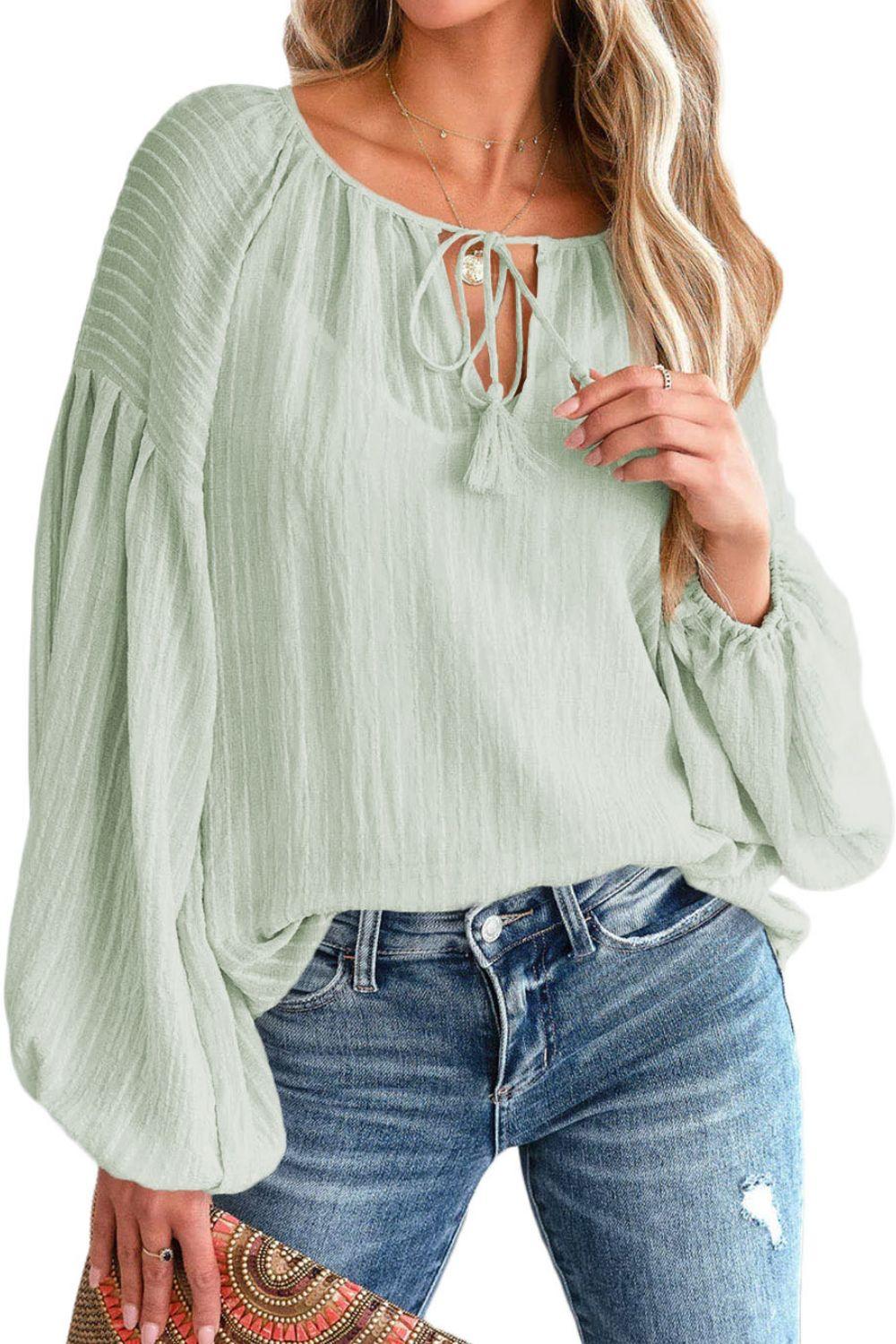 Tie Neck Dropped Shoulder Long sleeve Top - Top