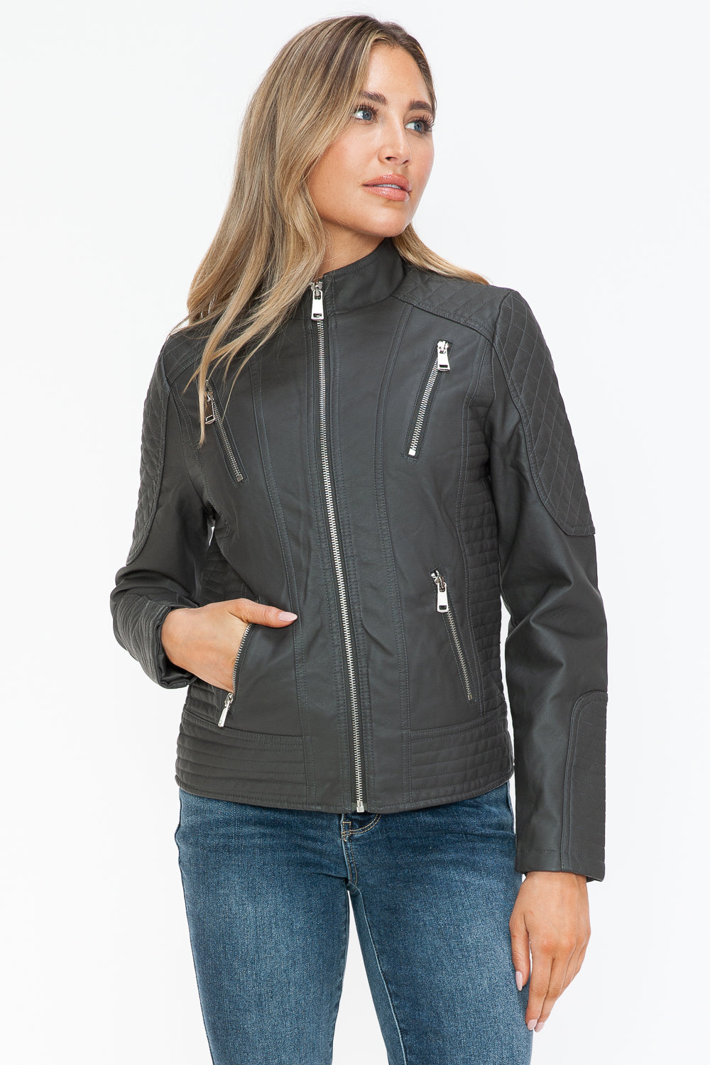 Snobbish Faux Leather Zip Up Mock Neck Moto Jacket