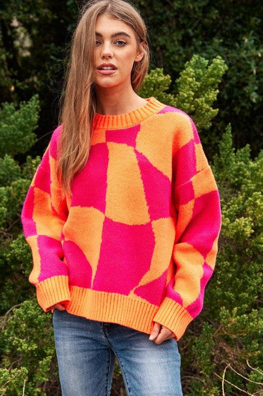 Multi Geo Checker Pullover Knit Sweater Top - Sweater