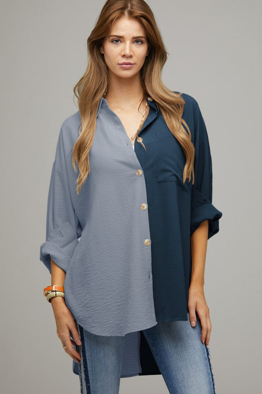 Davi & Dani Color Block Button Down Shirt