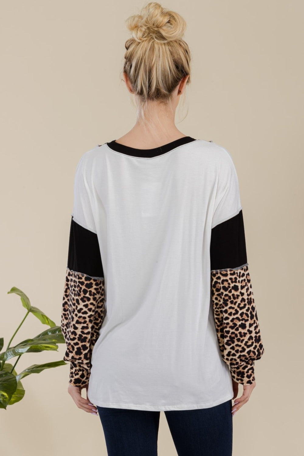 Celeste Full Size Leopard Color Block Exposed Seam Top