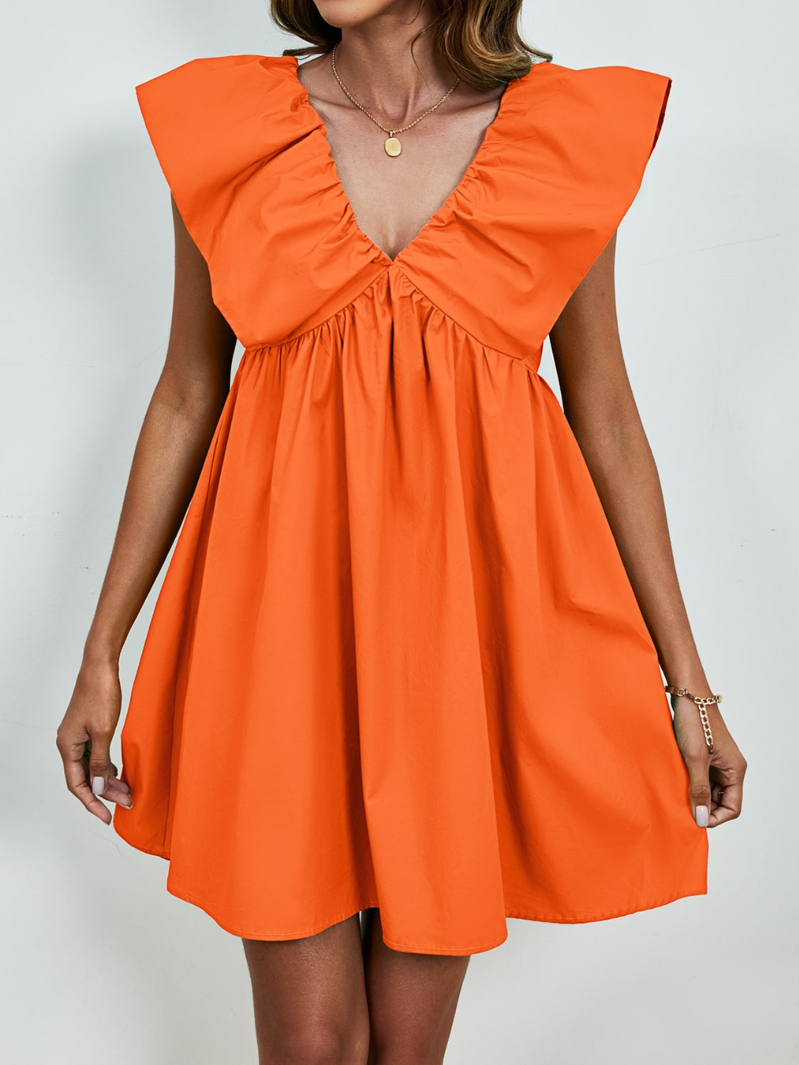 V-Neck Ruched Cap Sleeve Mini Dress