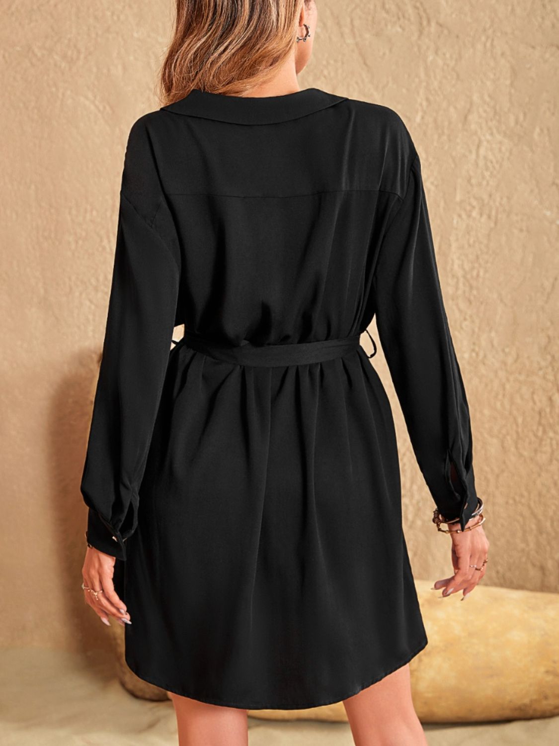 Collared Neck Long Sleeve Mini Shirt Dress