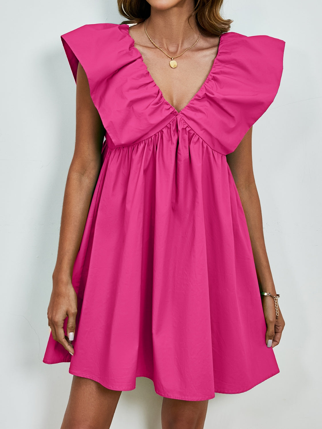 V-Neck Ruched Cap Sleeve Mini Dress