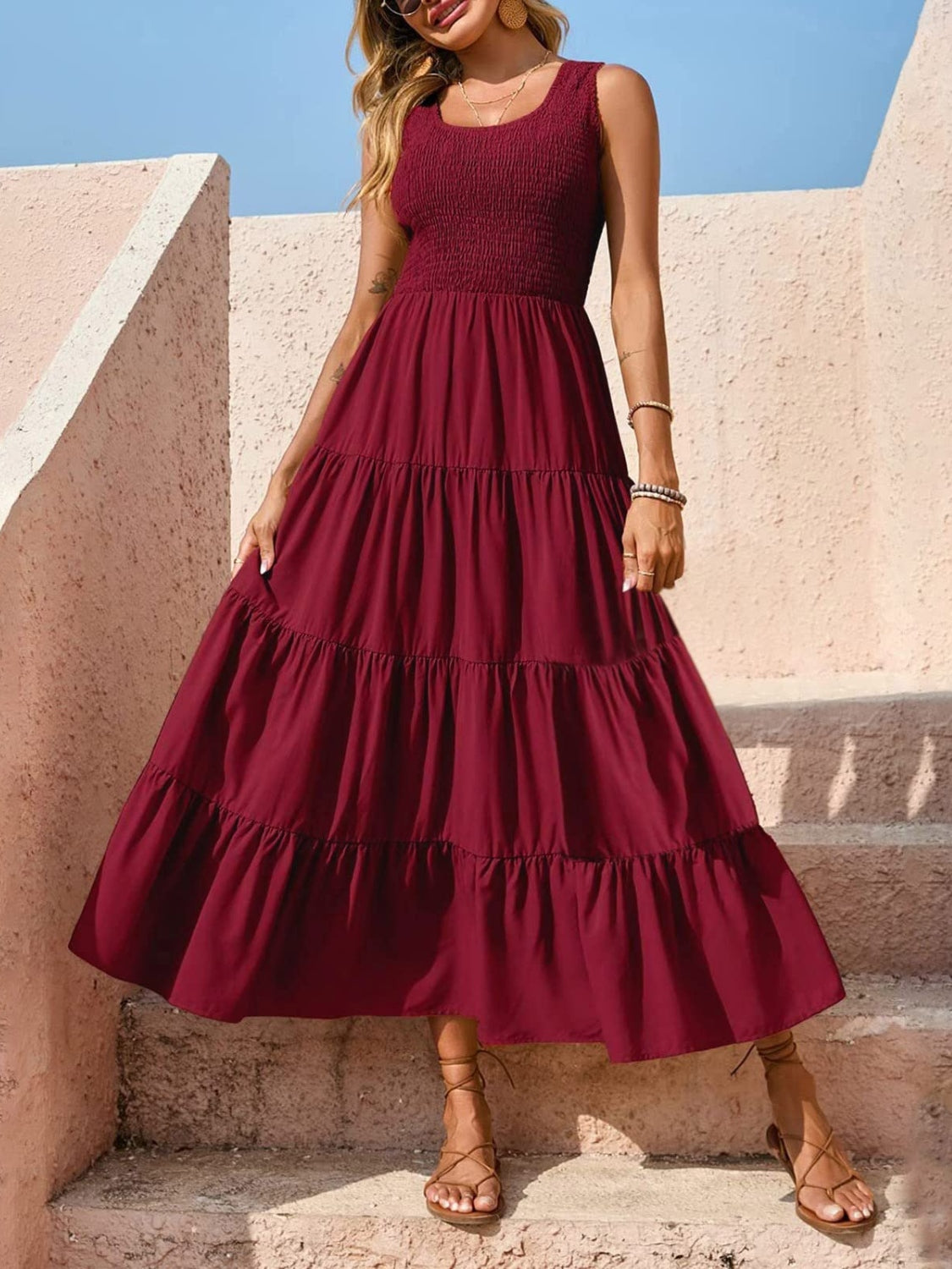 Tiered Smocked Wide Strap Midi Dress