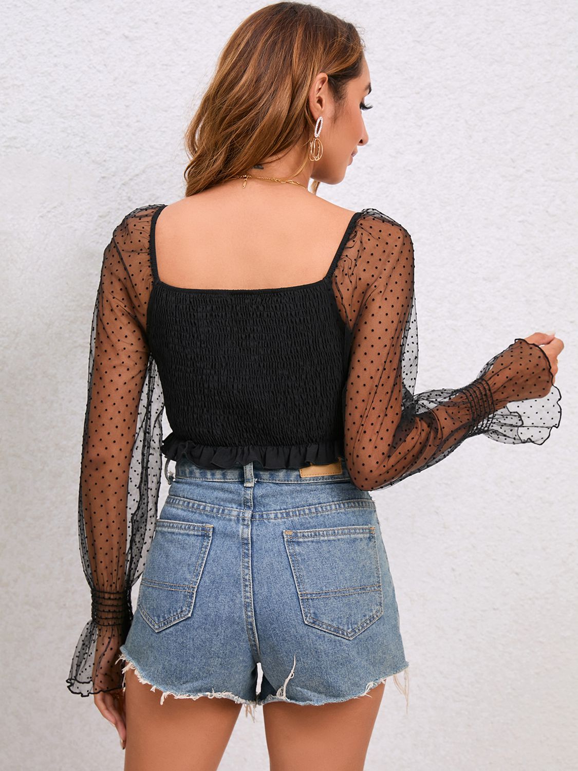 Drawstring Mesh Flounce Sleeve Cropped Top