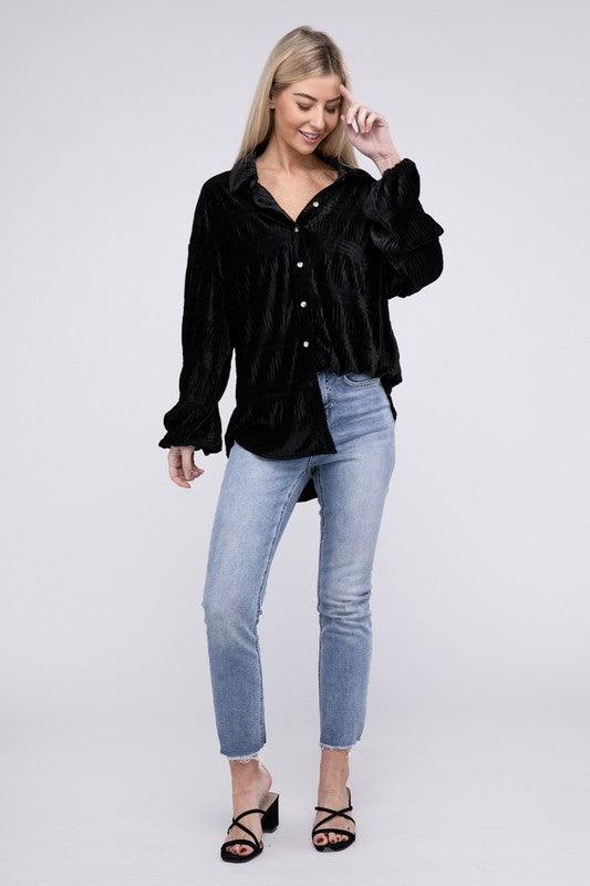 BiBi Wrinkle Effect Tiered Shirring Velvet Shirt - Shirt