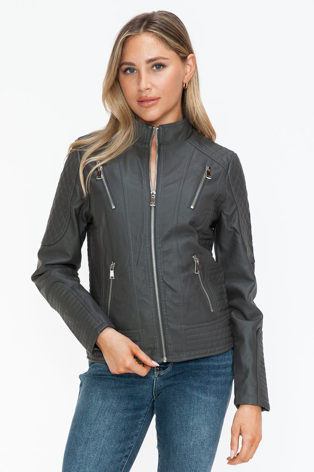 Snobbish Faux Leather Zip Up Mock Neck Moto Jacket