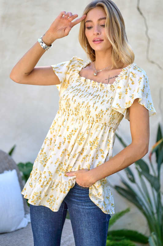 Davi & Dani Floral Smocked V-Neck Ruffle Top