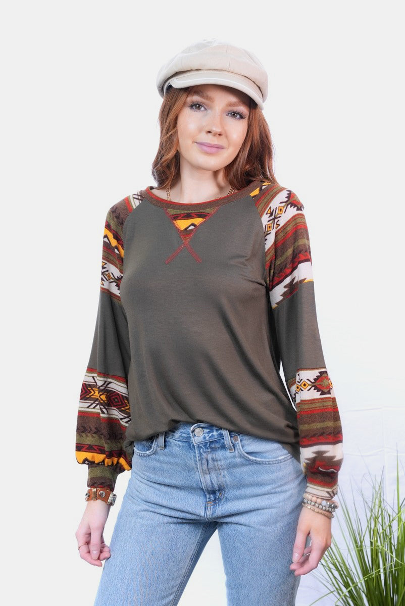 Celeste Full Size Aztec Round Neck Long Sleeve Top