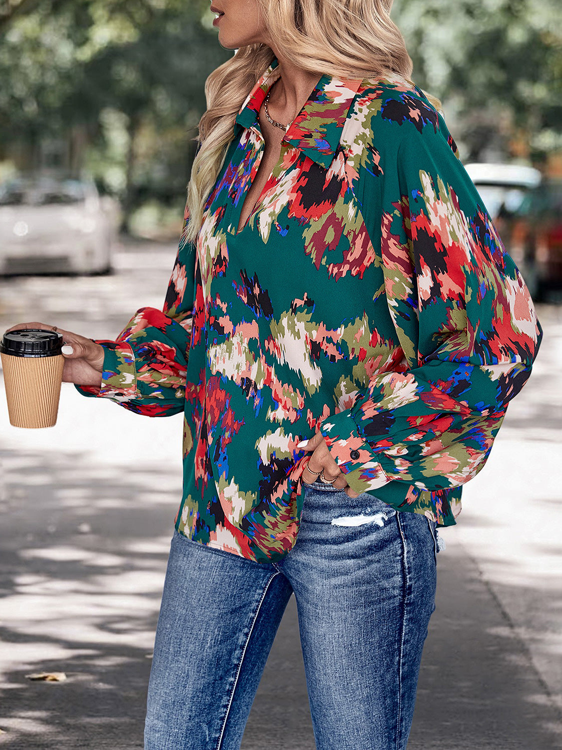 Multicolored Johnny Collar Long Sleeve Blouse