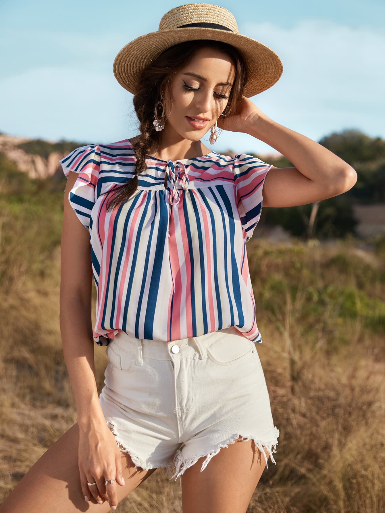 Striped Flutter Sleeve Tied Top