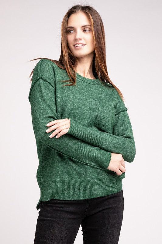 Melange Hi-Low Hem Round Neck Sweater - Sweater