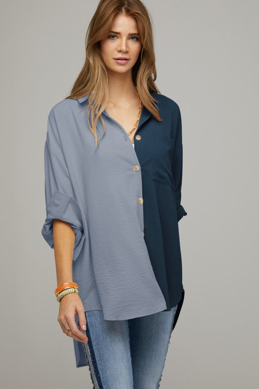 Davi & Dani Color Block Button Down Shirt