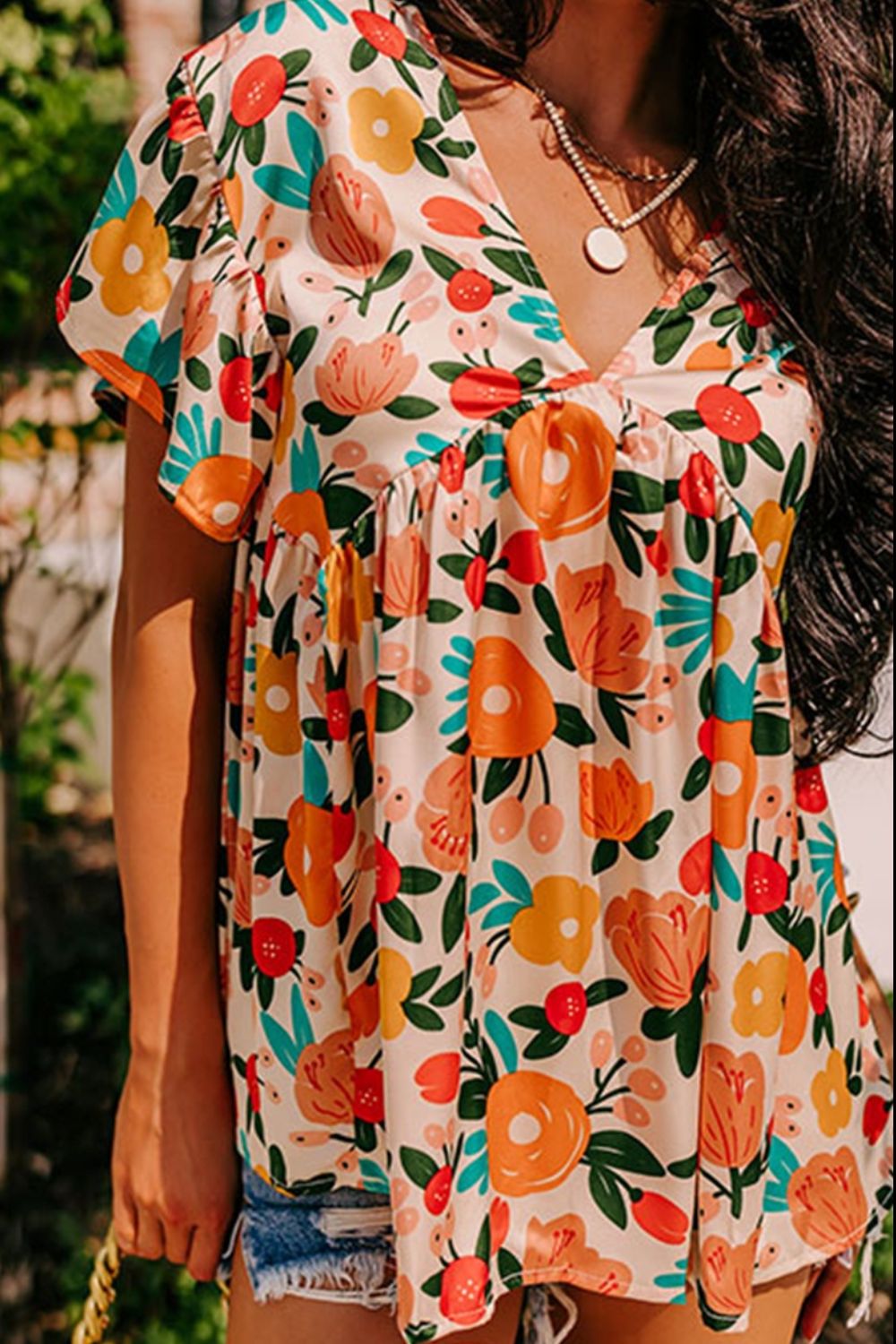 Multicolored Floral V-Neck Short Sleeve Blouse