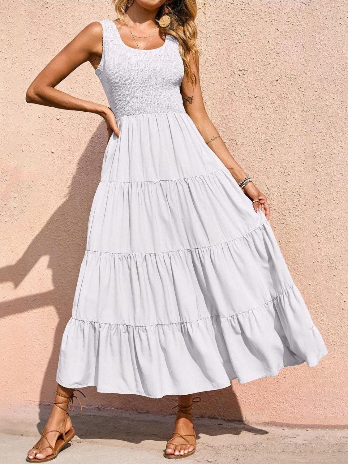 Tiered Smocked Wide Strap Midi Dress