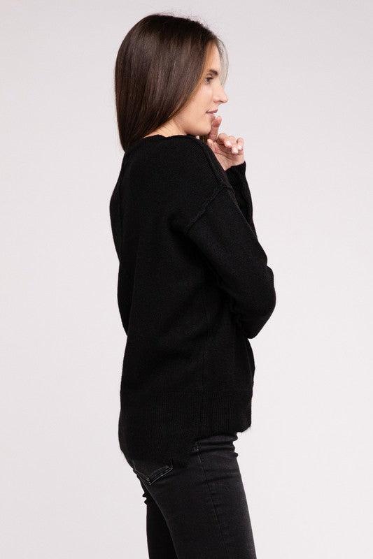 Melange Hi-Low Hem Round Neck Sweater - Sweater