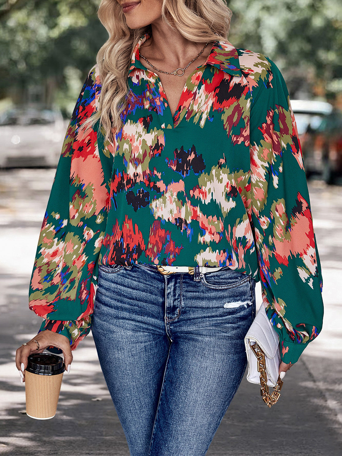 Multicolored Johnny Collar Long Sleeve Blouse