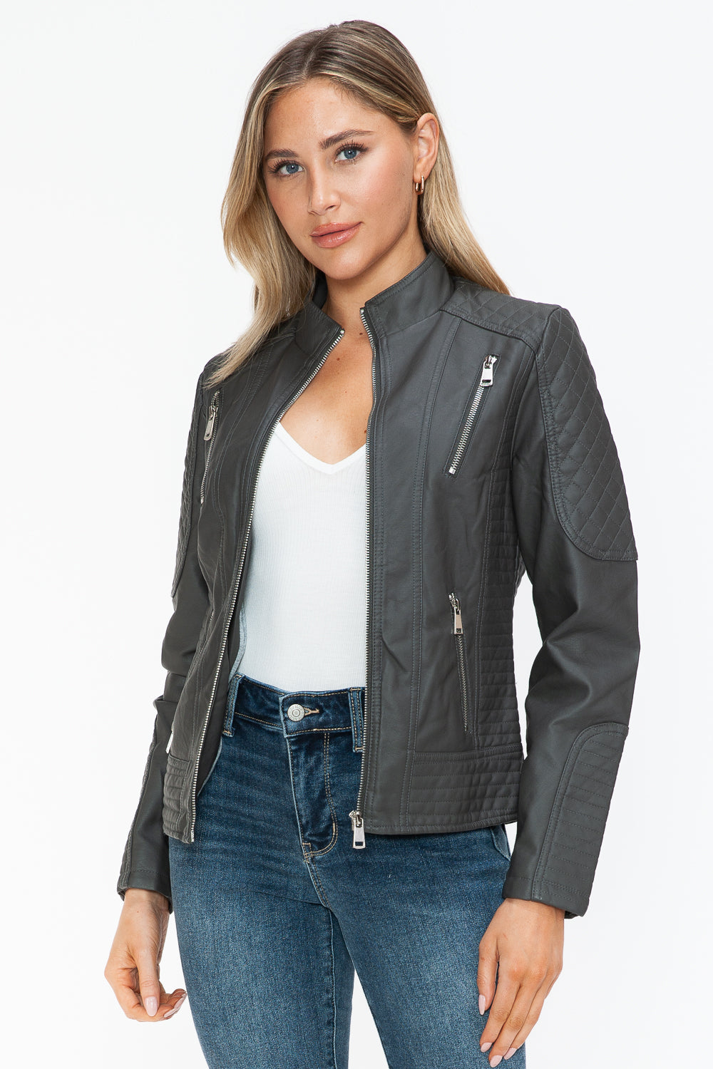 Snobbish Faux Leather Zip Up Mock Neck Moto Jacket