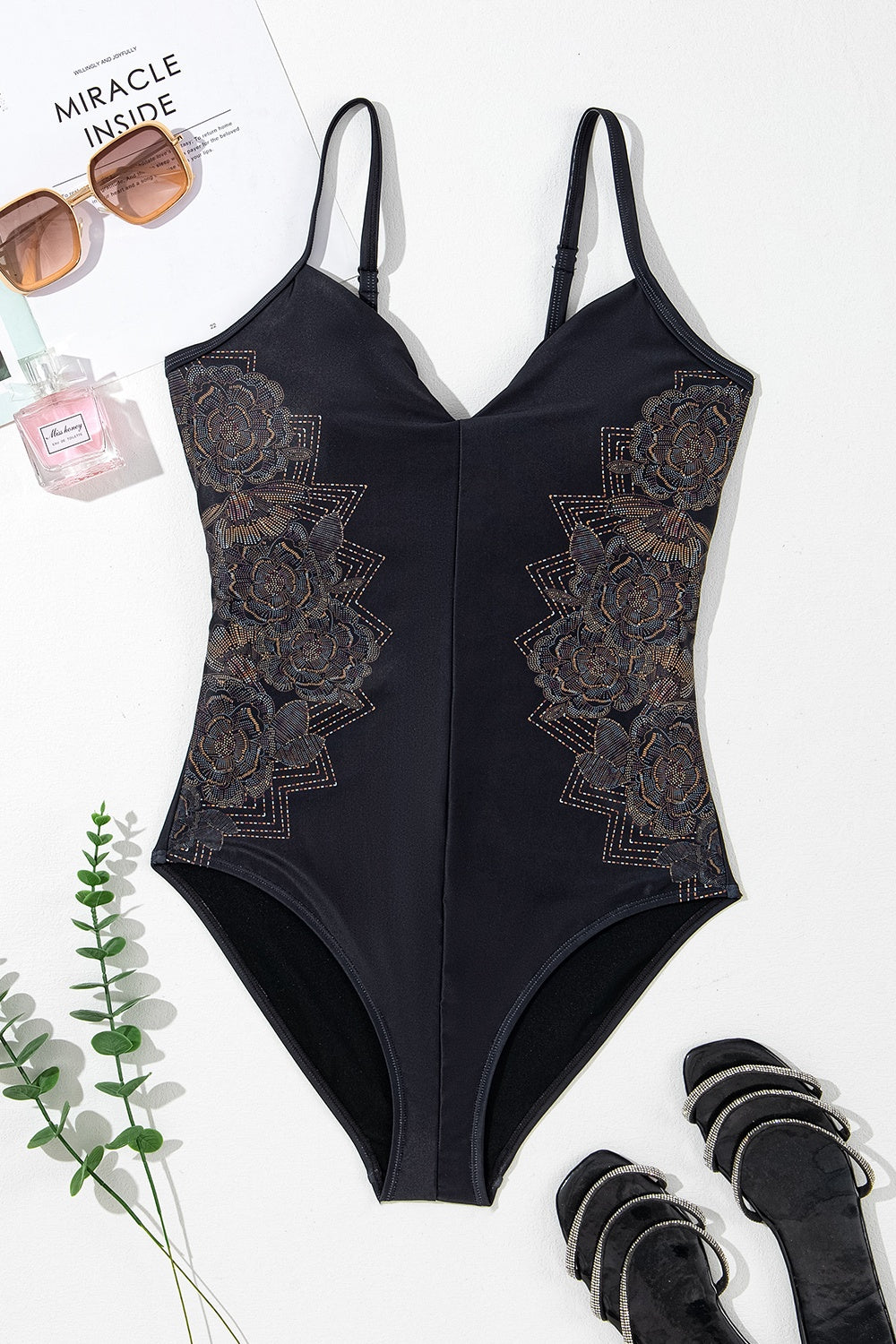 Embroidered V-Neck One-Piece Swimsuit