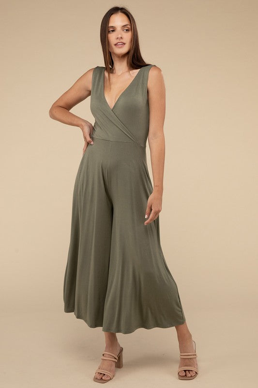 Zenana Surplice Neckline Sleeveless Jumpsuit