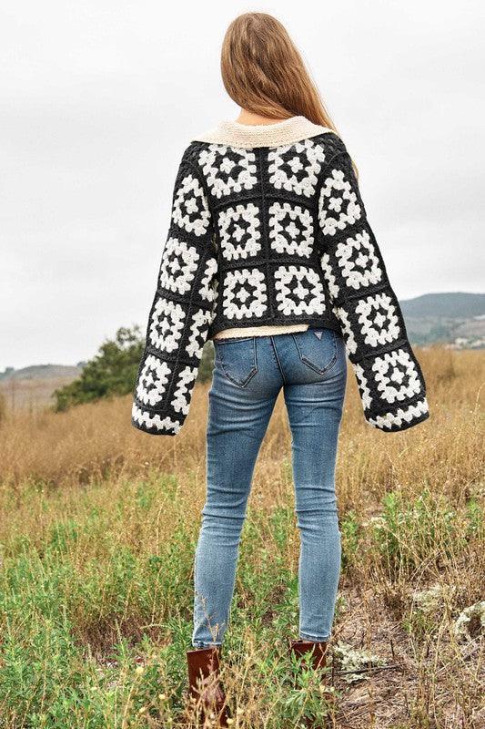 Two-Tone Floral Square Crochet Open Knit Cardigan - Cardigan