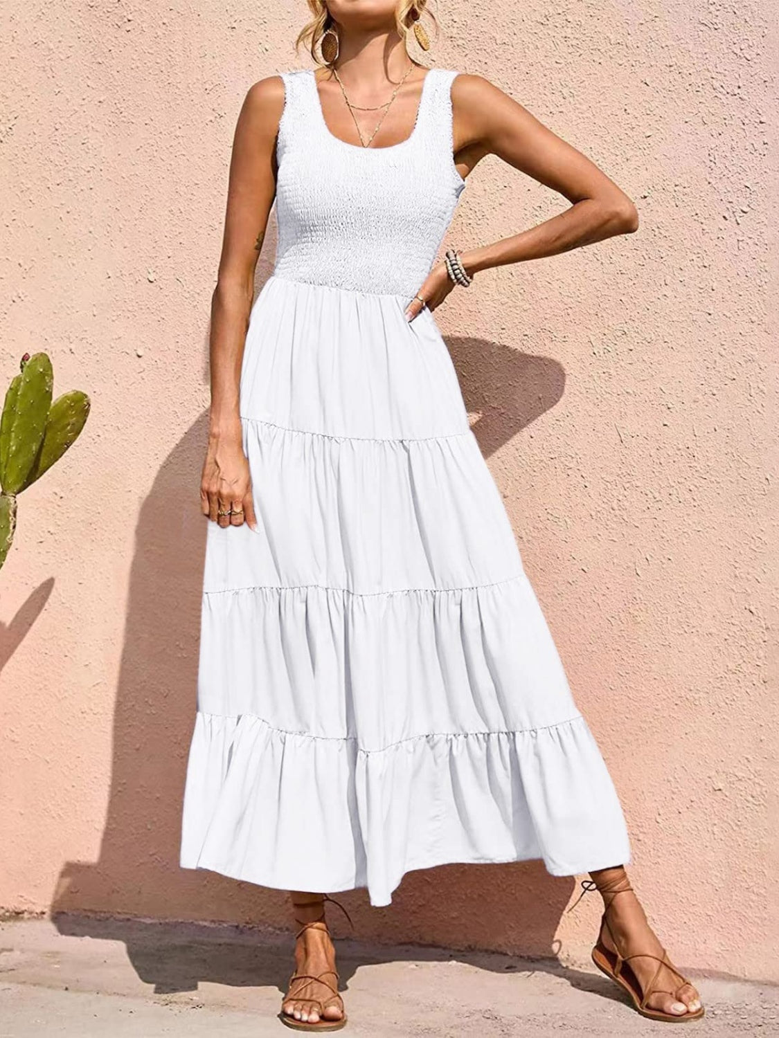 Tiered Smocked Wide Strap Midi Dress