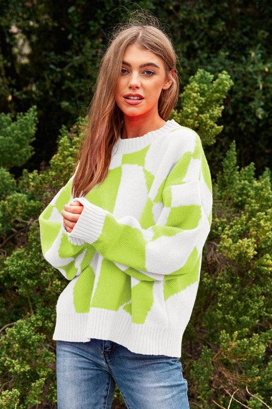 Multi Geo Checker Pullover Knit Sweater Top - Sweater