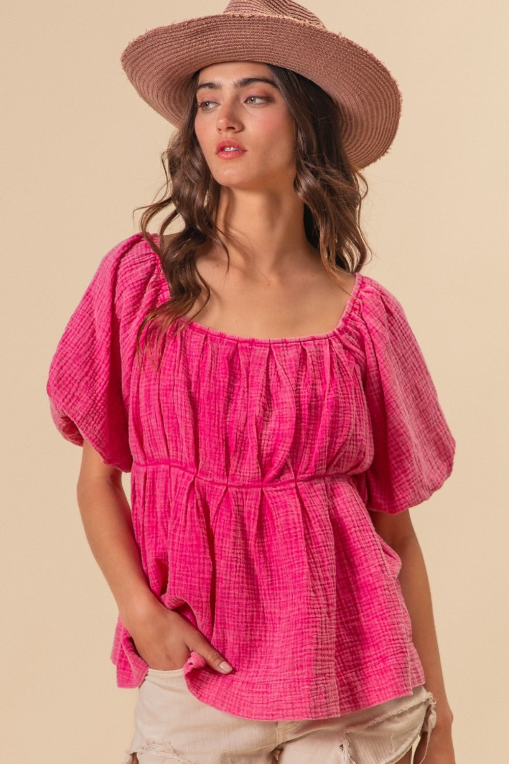 BiBi Pleated Puff Sleeve Washed Top