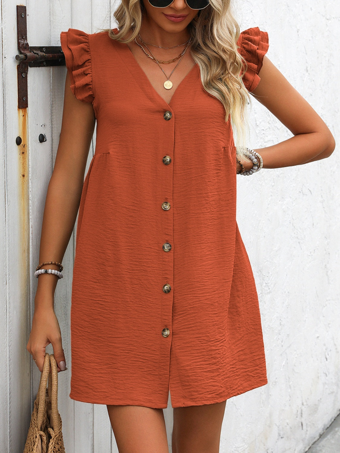 Button Up V-Neck Ruffled Cap Sleeve Mini Dress