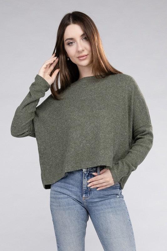 Zenana Ribbed Dolman Long Sleeve Sweater - Sweater