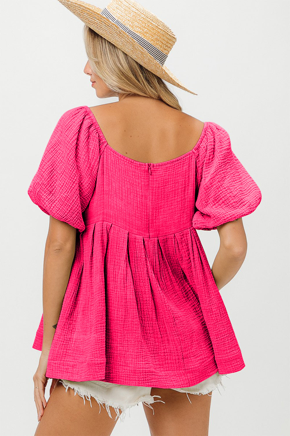 BiBi Pleated Puff Sleeve Washed Top