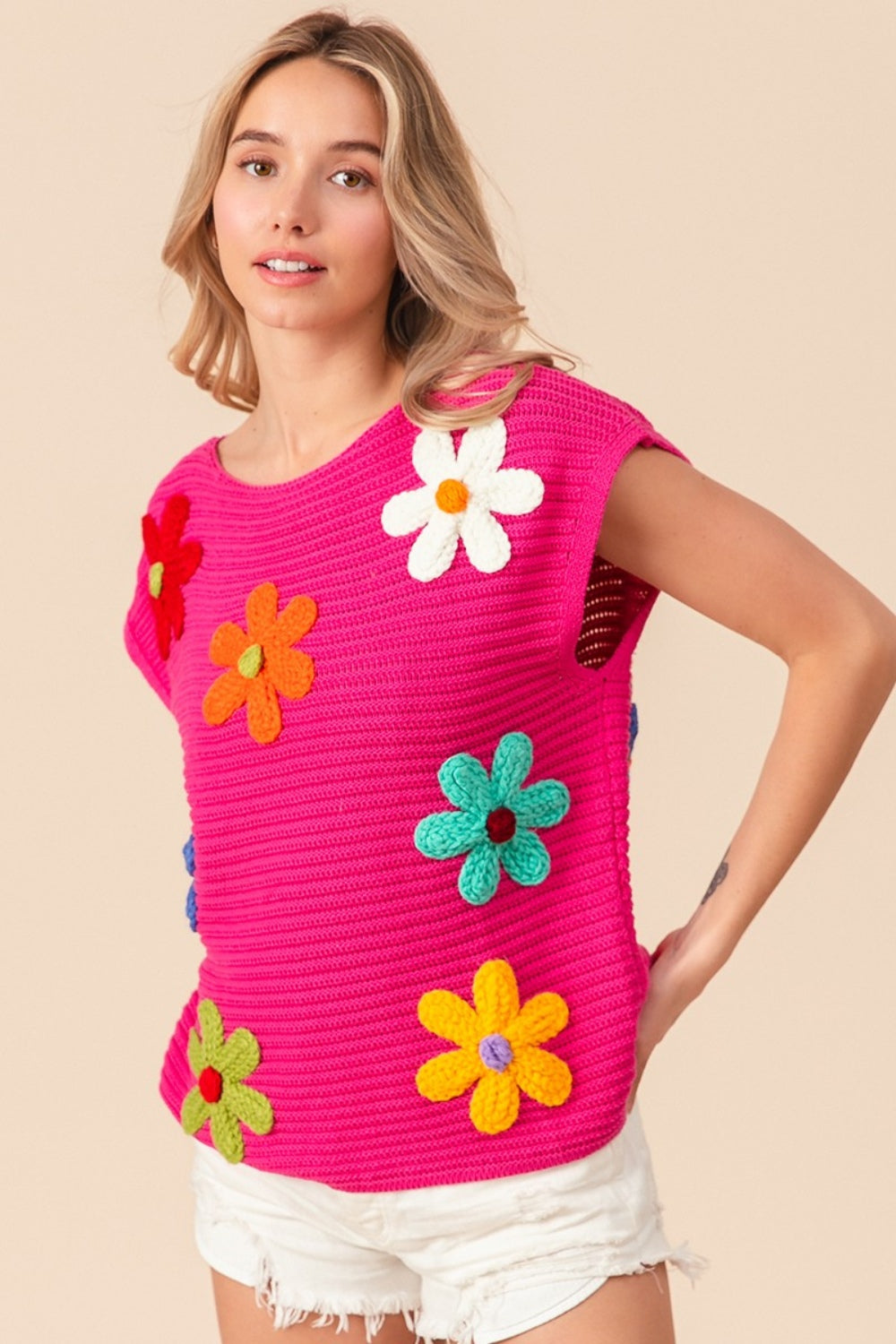 BiBi Flower Round Neck Cap Sleeve Sweater Vest