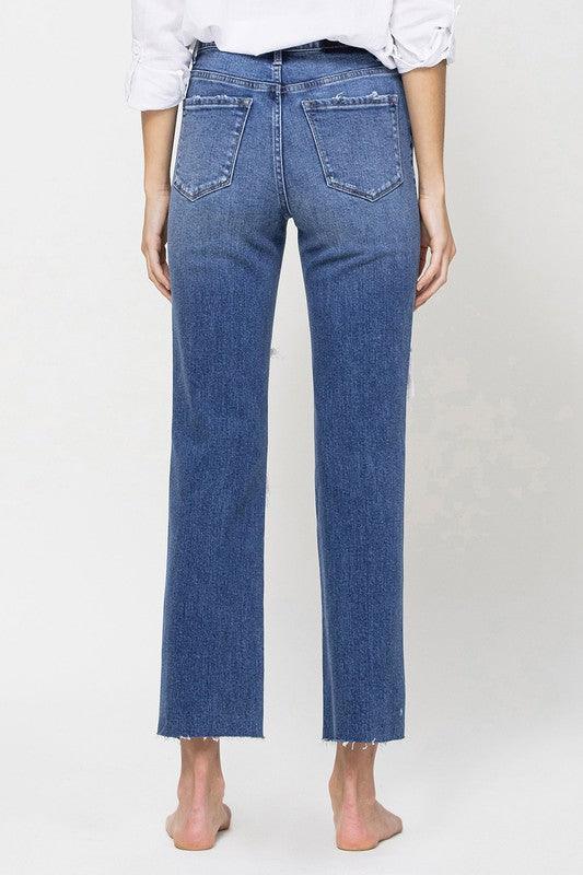 Distressed High Rise Ankle Relaxed Straight Jeans - Jeans