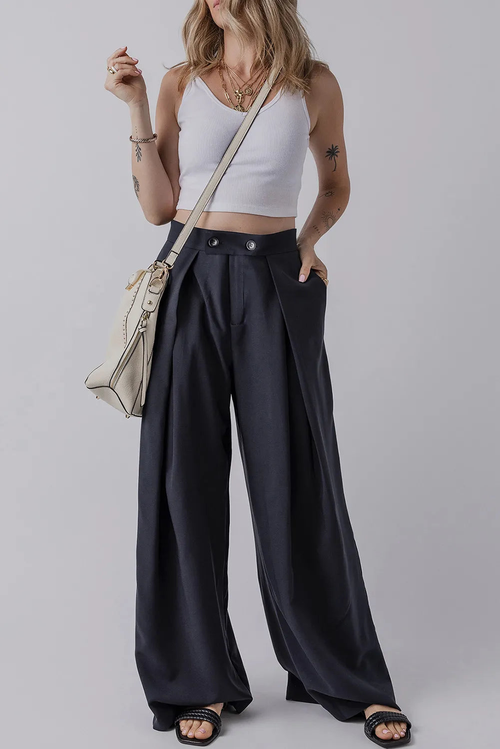 Wide Leg Pleated Pants with Pockets