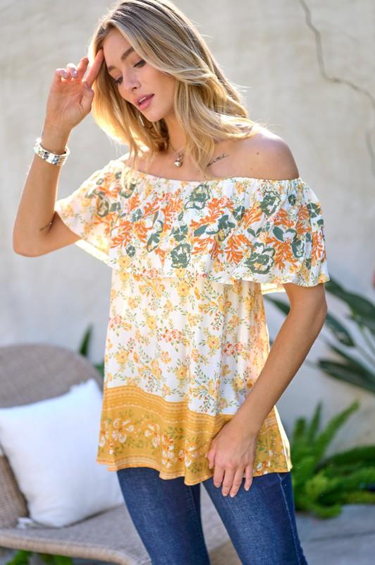 Printed Off Shoulder Smocked Top - Top