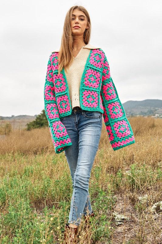 Two-Tone Floral Square Crochet Open Knit Cardigan - Cardigan