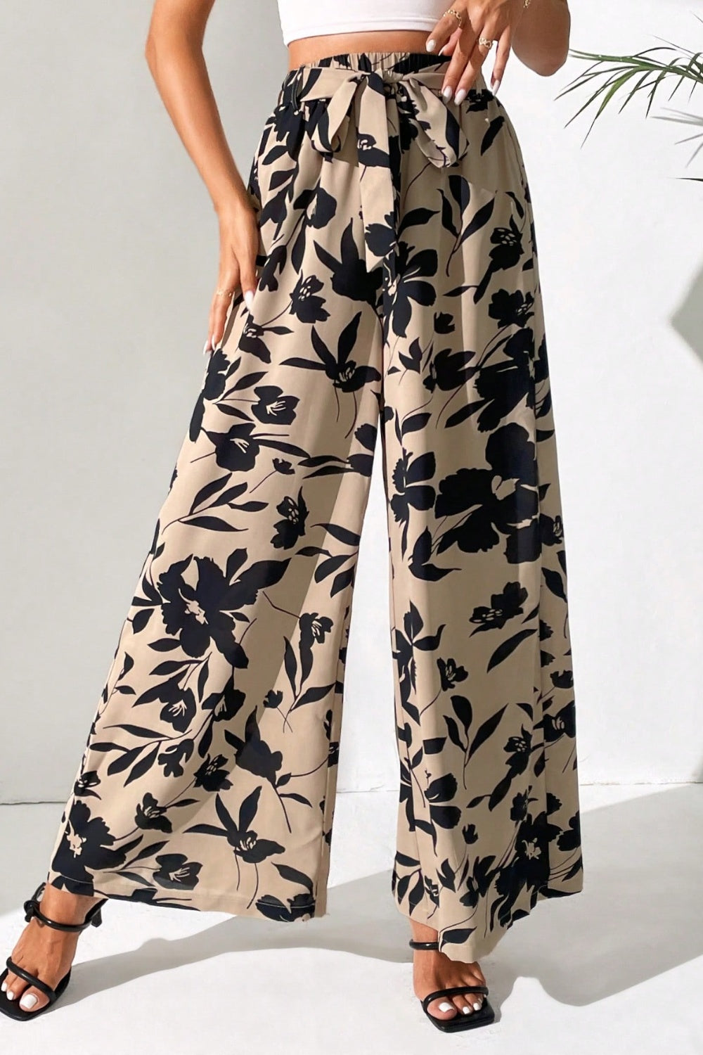 Floral Tied Wide Leg Paperbag Waist Pants