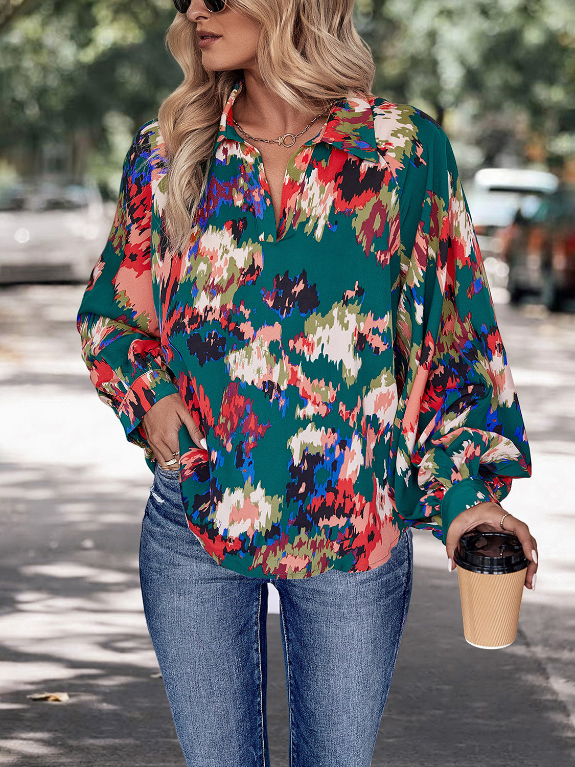 Multicolored Johnny Collar Long Sleeve Blouse