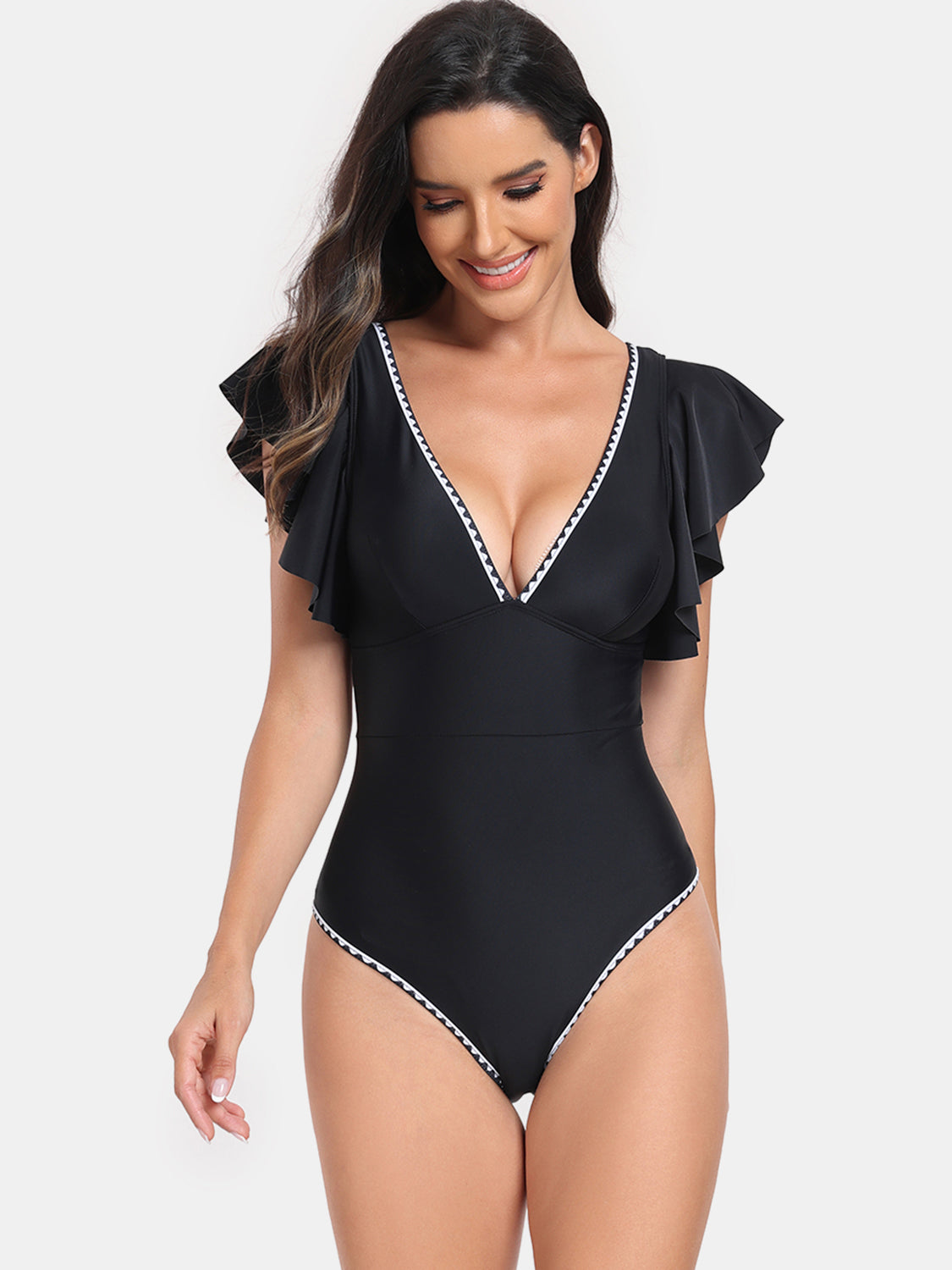 Plunge Cap Sleeve One-Piece Swimsuit