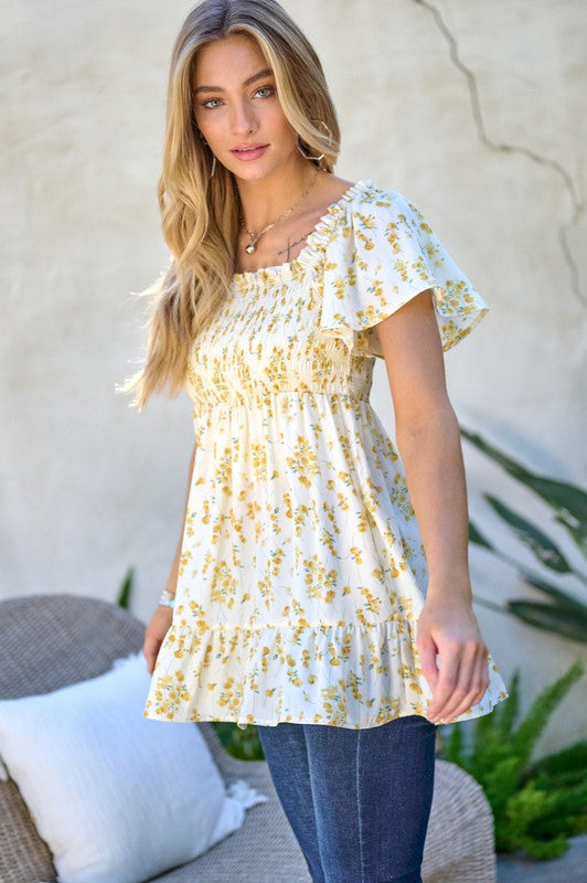 Davi & Dani Floral Smocked V-Neck Ruffle Top