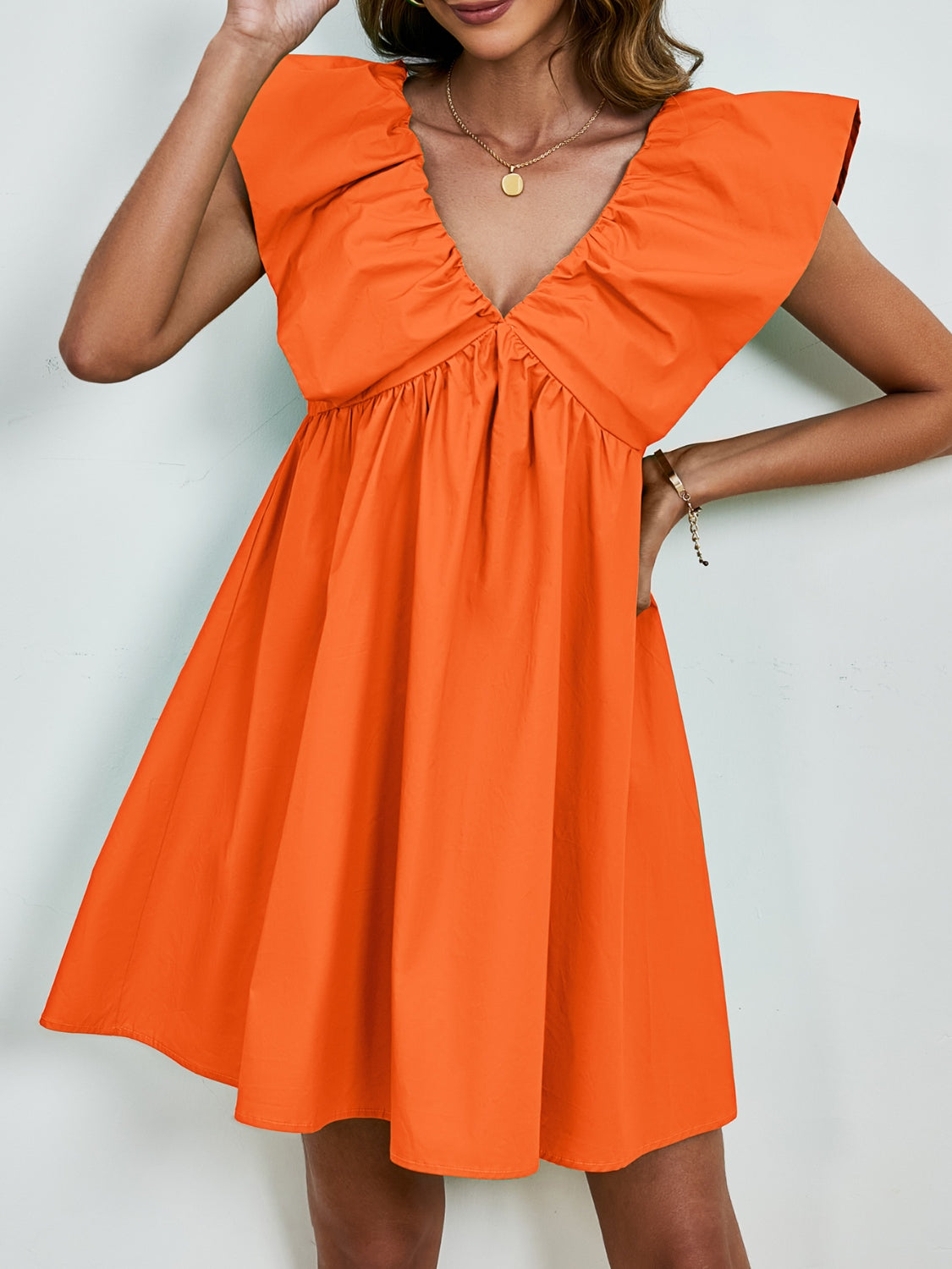 V-Neck Ruched Cap Sleeve Mini Dress