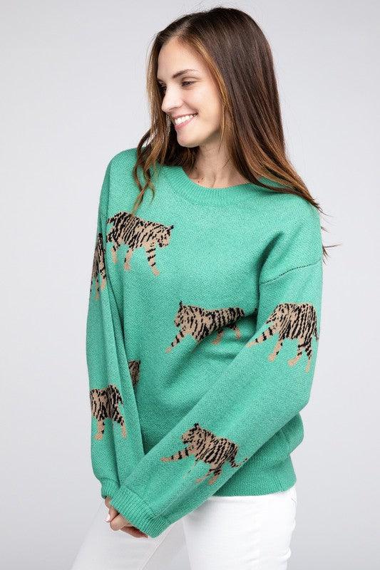 Tiger Pattern Pullover Sweater - Sweater