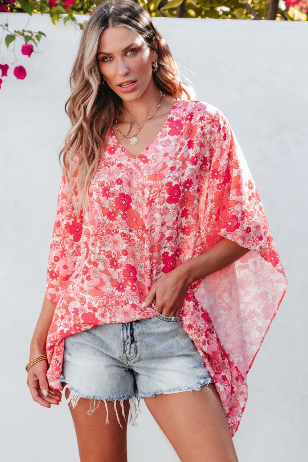 Floral V-Neck 3/4 Sleeve Blouse