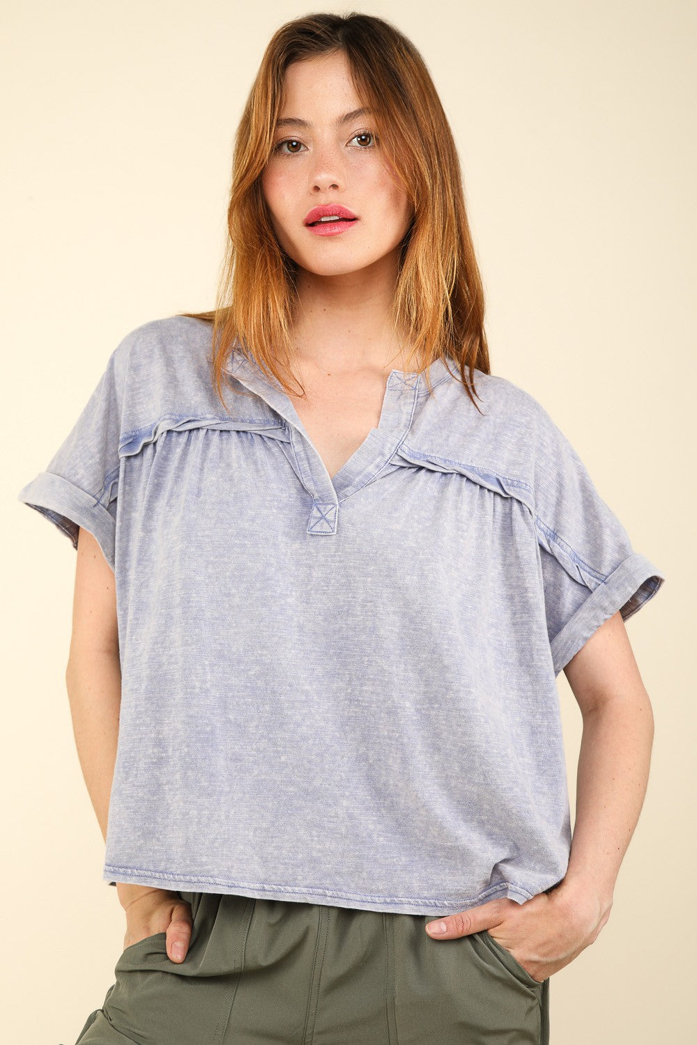 VERY J Notched Short Sleeve Washed Top