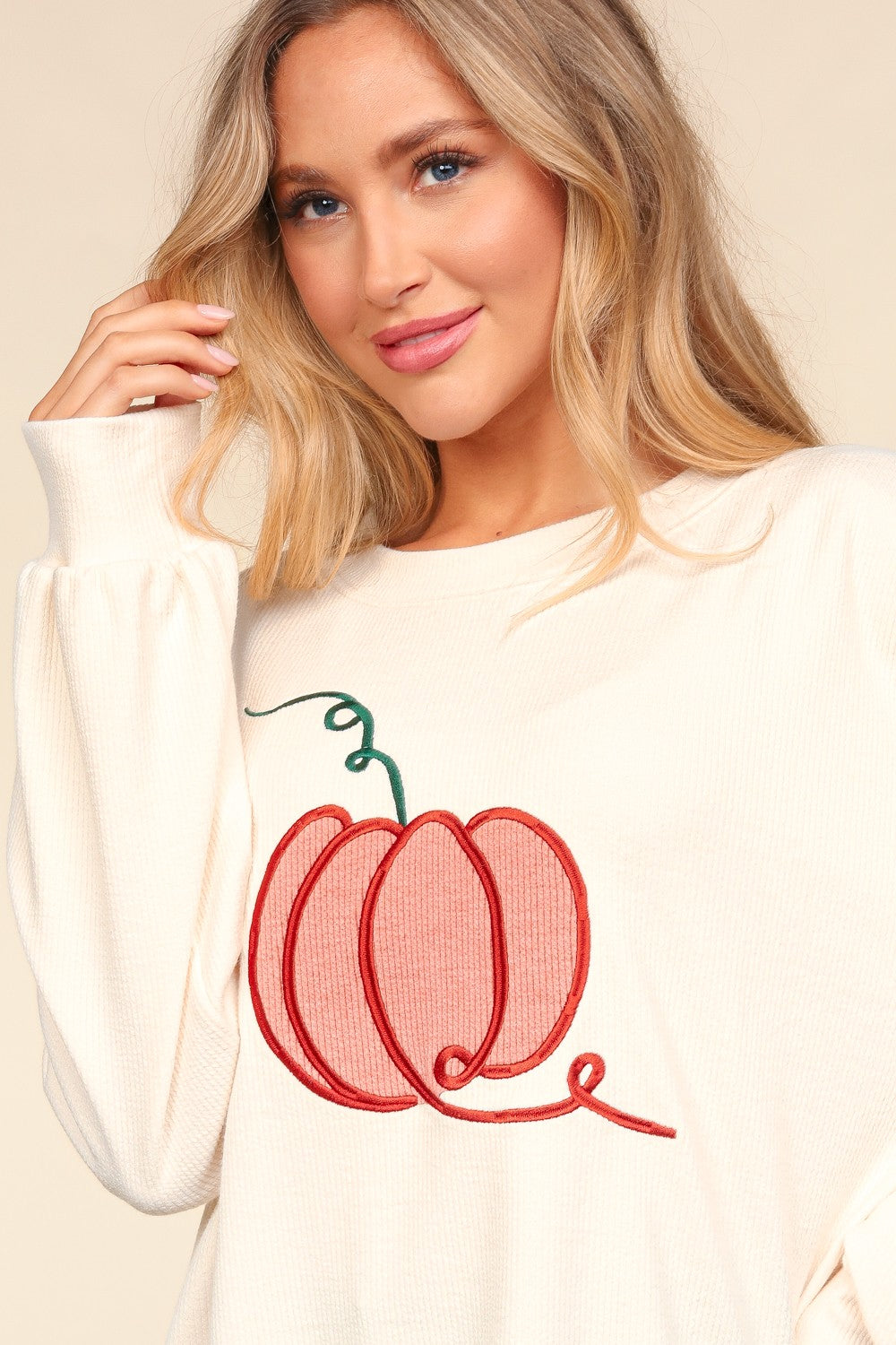 Haptics Full Size Embroidery Pumpkin Long Sleeve Sweatshirt